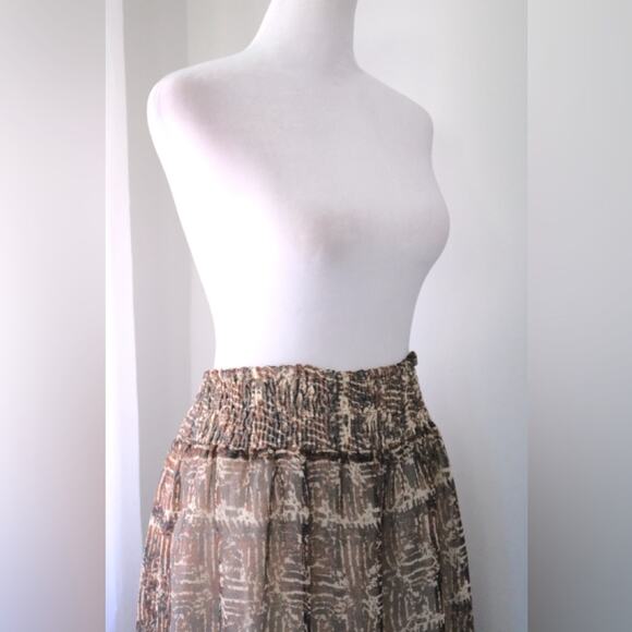 Brown & Cream Abstract Print Elastic Waist High Low Midi Skirt - Picture 5 of 7